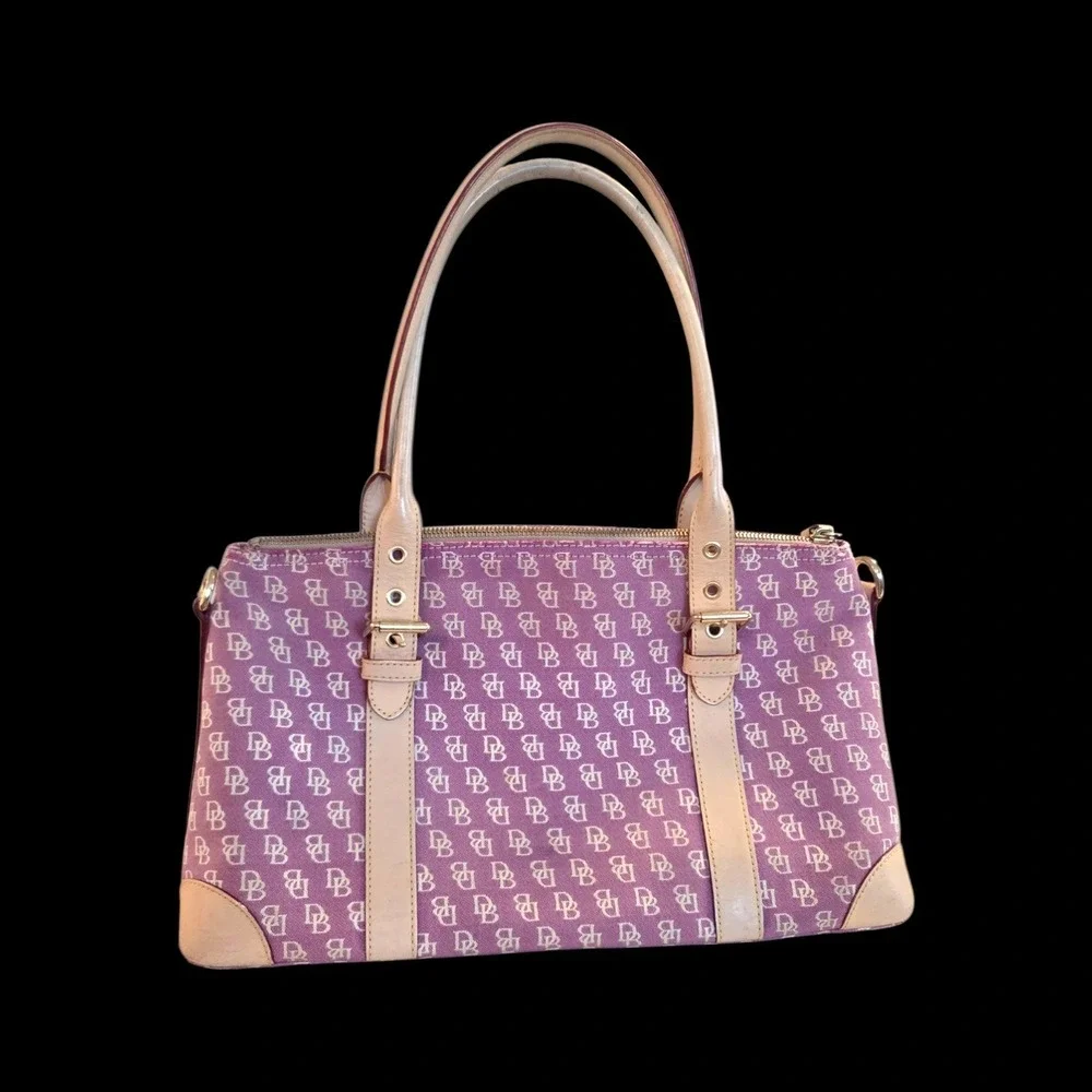 Dooney & Bourke Signature DB Monogram Canvas Satchel Purple Tan Leather Trim